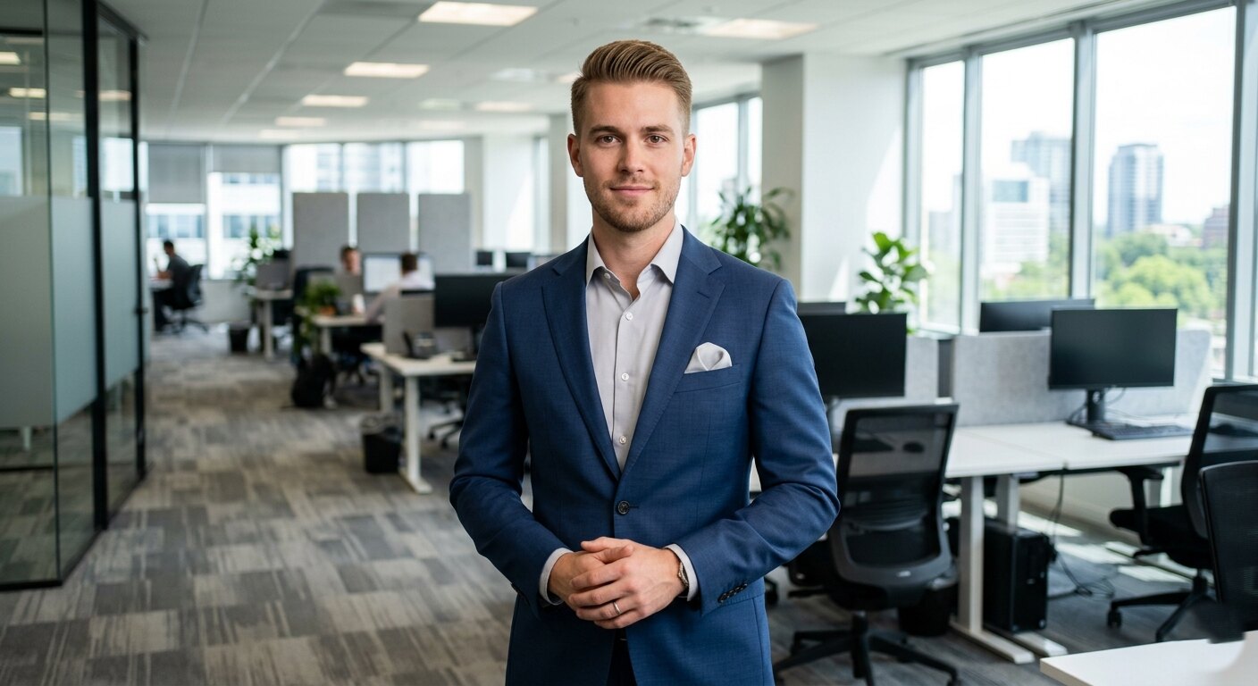 A man in a blue custom suit worn with an open-collar white shirt and no tie, standing in a modern office