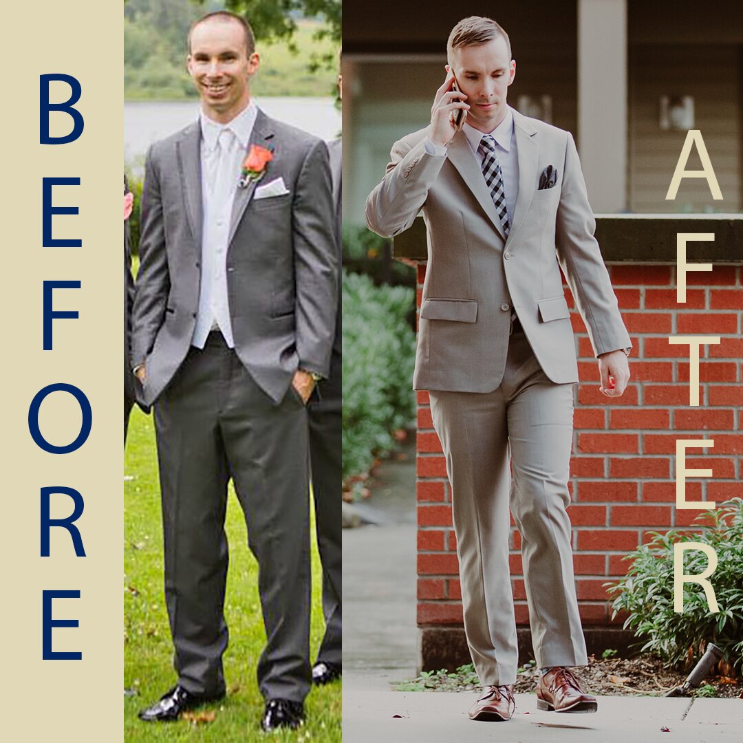 Before and after: Derek in an off-the-rack rental suit, then in a made-to-measure Cardero suit
