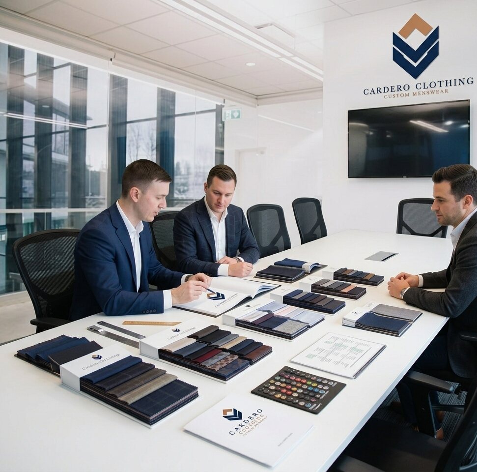 A Cardero appointment, fabric swatches and sample books laid across the table
