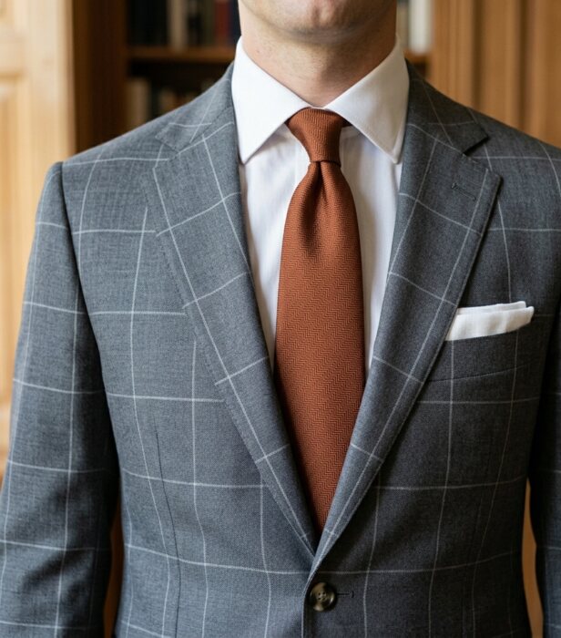 A grey windowpane wool blend suit with a white shirt, copper tie and white pocket square
