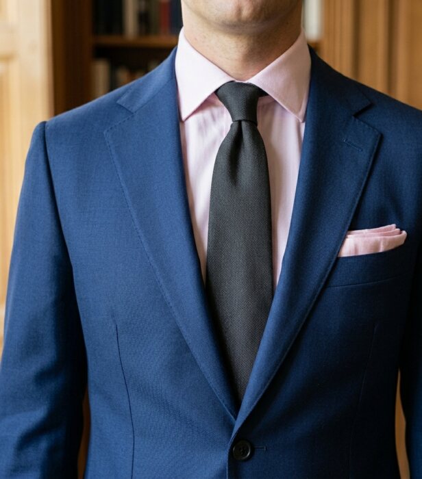 A blue Italian Super 130 suit with a pink shirt, black tie and pink pocket square