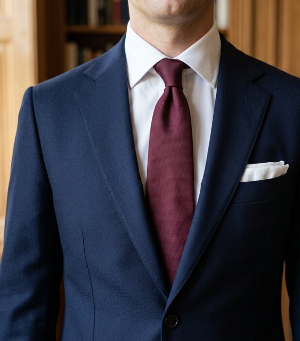 A navy Super 150 wool suit with a white shirt, burgundy tie and white pocket square